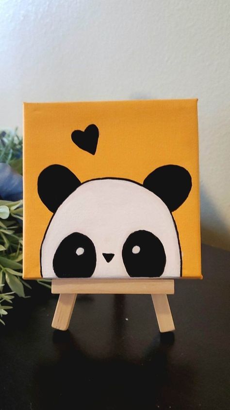 Cute Small Canvas Painting Ideas, 4x4 Canvas Painting Ideas, Girly Paintings On Canvas Easy, Tiny Canvas Painting Ideas, Mini Canvas Art Easy Cute, Cute Paintings On Canvas, Drawing Ideas Colorful, Cute Panda Drawing, Panda Artwork