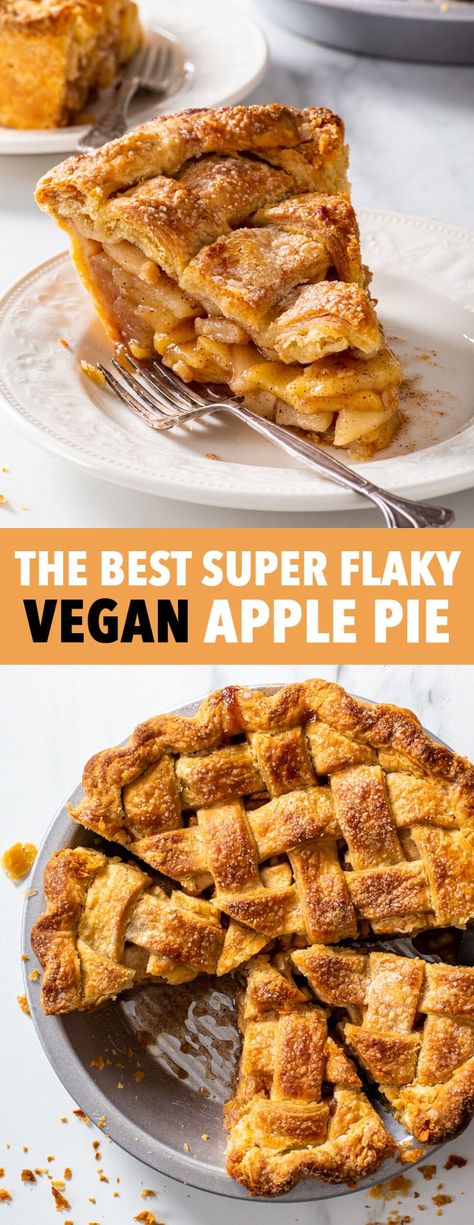 The Ultimate Vegan Apple Pie - You’ll LOVE this vegan apple pie recipe. It has a perfectly flaky, crisp and tender pie crust, and a deliciously juicy and aromatic apple pie filling. It’s also super easy to make, and you couldn’t possibly tell that it’s vegan! I’ve also included all my top tips for knowing when your pie is done and for preventing a soggy bottom. Vegan pie recipes. Vegan dessert. Vegan recipes. Apple pie filling. Fall desserts. Fall recipes. Vegan pie crust. Dairy free pie crust. Plant Based Apple Pie, Fall Recipes Vegan, Dairy Free Pie, Vegan Apple Pie Recipe, Dairy Free Pie Crust, Loopy Whisk, Dairy Free Pies, Desserts Fall, Apple Pie Crust