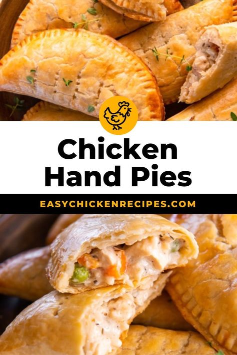 These easy chicken hand pies are a pocket full of yum! Each pie has a creamy chicken pot pie filling nestled in a crispy store-bought pie crust, making for the ultimate comforting finger food. Pop over to my site for the recipe! Empanada With Pie Crust, Ultimate Chicken Pot Pie, Chicken Pot Pie Pockets Easy, Hand Chicken Pot Pies, Chicken Pasty Puff Pastries, Chicken Pot Pie Appetizers, Hand Meat Pies Recipes, Indian Meat Pies, Chicken Pie Crust Recipe