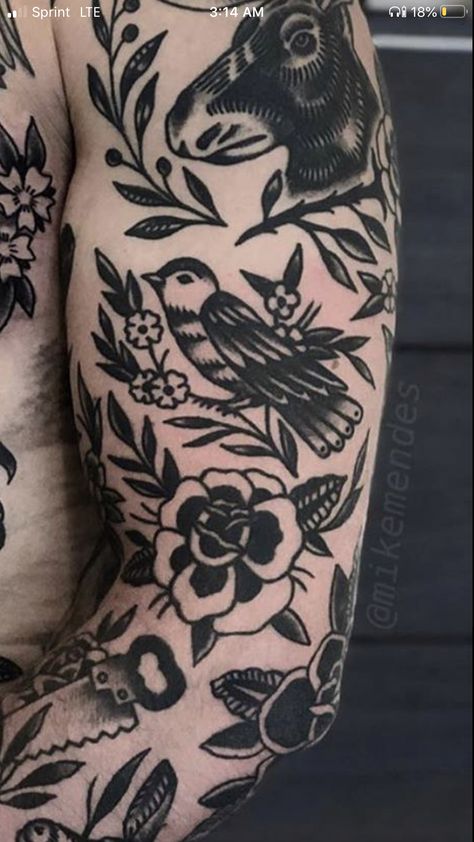 Traditional Black Ink Tattoo, Feminine Tattoo Sleeves Traditional, All Black Traditional Tattoo, Greyscale Traditional Tattoo, Chemical X Tattoo, Sleeve Filler Ideas Women Traditional, Trad Floral Tattoo, Patchwork Tattoo Filler, Traditional Patchwork Sleeve