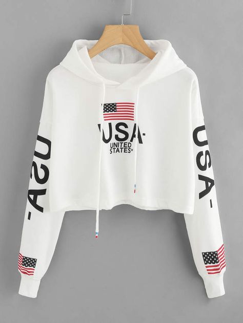 Drop Shoulder American Flag Print Hoodie #ShopStyle #ShopThisLook #DropShoulder #AmericanFlag #PrintHoodie #CropTop #Pullover #Drawstring #LongSleeve #SpringOutfit #FallOutfit #USA Usa Clothes, American Flag Print, Crop Hoodie, Teenager Outfits, Girls Fashion Clothes, Mode Inspiration, Teen Fashion Outfits, Spring And Autumn, Usa Flag