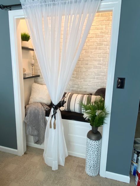 Reading Nook In Bedroom Closet, Reading Book In Closet, Closet Zen Space, Closet Turned Book Nook, Unused Closet Ideas, Reading Nook Adults Small Spaces, Closet Cozy Nook, Small Closet Nook Ideas, Closet Nook Ideas Bedroom