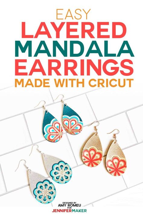 Cricut Earring Designs with Layered Mandala Iron-on Vinyl over Faux Leather Teardrops Free Earring Svg Files For Cricut, Cricut Earrings Diy, Cricket Jewelry, Piercing Jewelry Ideas, Cricut Leather, Leather Keyrings, Cricut Jewelry, Sellable Crafts, Gift Ideas Jewelry