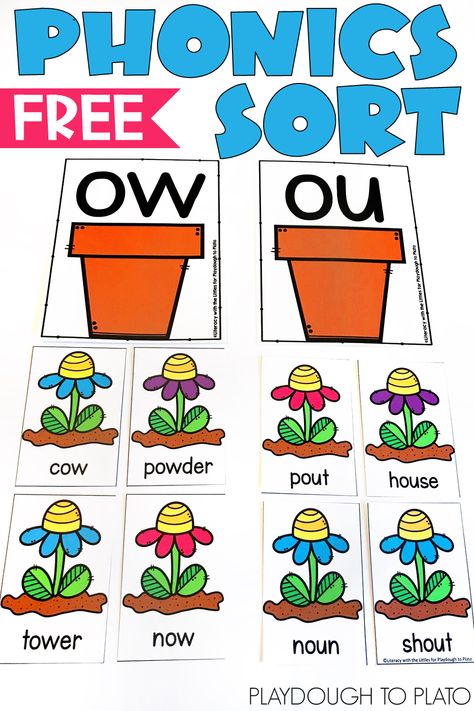 Diphthongs can be super challenging for kids. But this flower power sort is a fun way to practice reading and writing those tricky ou and ow spelling patterns. It’s perfect for use as a literacy center or word work station, but can also be used as a whole group read and write the room in first or second grade. #diphthongs #diphthongsort #literacycenters Ou And Ow Activities Free, Dipthongs Activities Free, Dipthong Activities, Ou Words, Word Family Sort, Playdough To Plato, Phonics Free, Phonics Rules, Write The Room