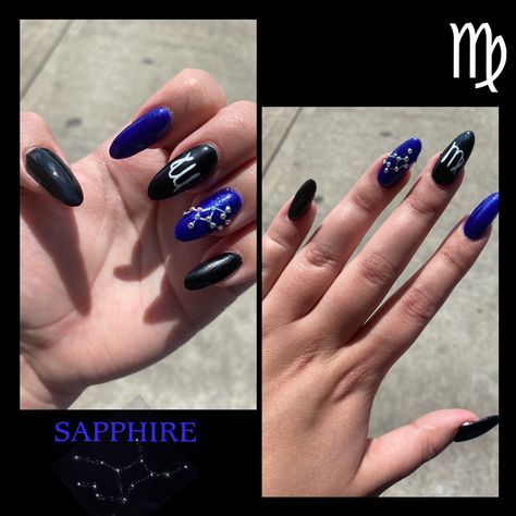 Black and Sapphire(Virgo Birthstone) with zodiac sign and diamond Virgo constellation nails designed by me @colevlia on instagram :) #virgo #virgonails #virgozodiac #virgoszn #virgobirthstone #virgoconstellation #acrylicnails Virgo Constellation Nails, Virgo Nails Designs, Constellation Nails, Virgo Nails, Virgo Szn, Virgo Birthstone, Virgo Constellation, Nail Decor, Earth Signs