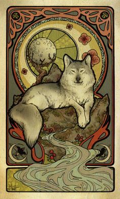 Deco wolf Art Nouveau Tattoo, Nouveau Tattoo, Tattoo Zeichnungen, Art Nouveau Illustration, Art Nouveau Poster, Gray Wolf, New Fantasy, Wolf Tattoos, Tarot Art