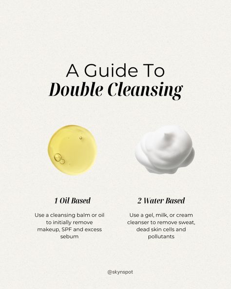 Have you ever heard of double cleansing? If not, it's time to learn about this game-changing technique! Double cleansing is a two-step cleansing method that helps remove all impurities from your skin, including makeup, sunscreen, and pollutants. The first step involves using an oil-based cleanser to dissolve and remove any makeup or oil-based impurities from your skin. The second step involves using a water-based cleanser to remove any remaining impurities and leave your skin feeling refresh... Double Cleansing Benefits, How To Double Cleanse, Best Oil Based Cleanser, Double Cleanse Skin Care, Double Cleansing Products, Aesthetician School, Water Based Cleanser, Double Cleansing Method, Skin Education