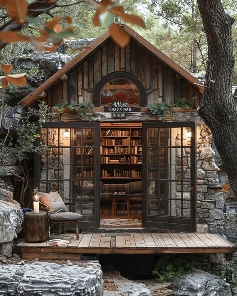 Reading Shed Ideas, Witchy She Shed, She Shed Library, Shed Library, Reading Shed, Library Cottage, Book Shed, Cottage Library, Witchy Cottage