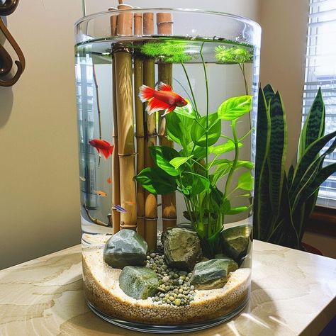 10 betta fish bamboo vase ideas [For inspiration] – Acuario Pets Beta Plants Vase, Fish Bowls With Plants, Chic Fish Tank, Fish Bowl In Bedroom, Aquarium House Ideas, Peace Lily Beta Fish Vase, Betta Fish With Live Plants, Beta Bowl With Plant, Fish Vase With Plant