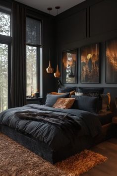 Dark Modern Bedroom, Black Walls Bedroom, Dramatic Bedroom, Moody Bedroom Ideas, Black Room Decor, Bedroom Dark, Moody Bedroom, Dark Bedroom, Black Room