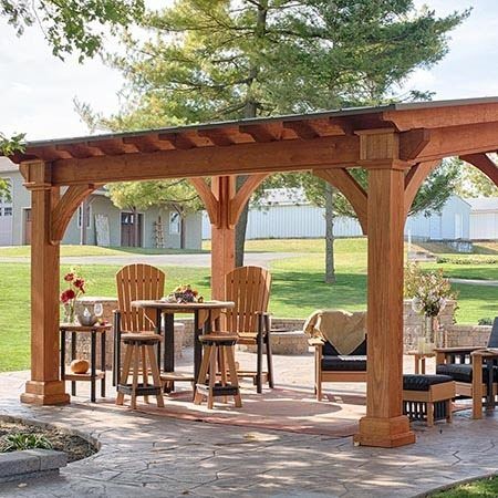 Santa Fe Wood Pergola Kits | Country Lane Gazebos Roof Slope, Unique Roof, Wood Pergola Kits, Gazebo Privacy, Brown Paint Colors, Vinyl Pergola, Outdoor Structure, Canopy Curtains, Backyard Shade