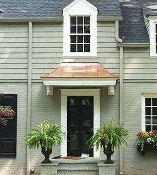 Front Door Overhang Entrance, Metal Door Awning, Portico Entry, Front Door Overhang, Awning Over Door, Copper Awning, Porch Overhang, Car Porch Design, Front Door Awning