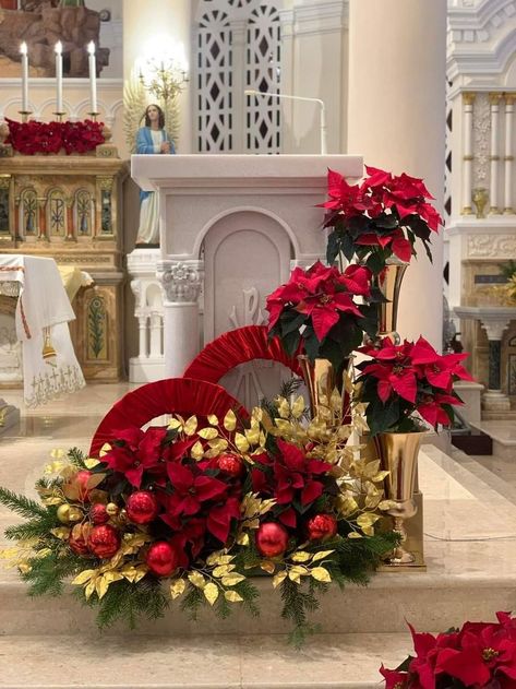 Church Altar Christmas Decorations, Christmas Flower Arrangements For Church, Christmas Altar Decorations Church, Church Christmas Decorations Sanctuary, Christmas Decor Ideas For Church, Advent Church Decorations, Christmas Floral Arrangements Diy, Christmas Stairs Decorations, Christian Christmas Decorations