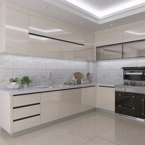 Kitchen White Gloss Cabinets, White Kitchen Combinations, Full White Kitchen Modern, White Shiny Kitchen Cabinets, Modular Cabinets Kitchen, High Gloss Kitchen Cabinets Modern, Modern Kitchen Cabinet Design Acrylic, White Laquer Cabinets Kitchen, Kitchen Glossy Cabinets