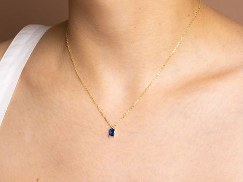 Sapphire Baguette 14K Gold Plated Pendant Necklace September | Etsy Dainty Sapphire Necklace, Sapphire Necklace Simple, Couples Dynamics, Silver Sapphire Necklace, Blue And Gold Necklace, September Birthstone Necklace, Sapphire Pendant Necklace, Jewelry Wishlist, Baguette Necklace