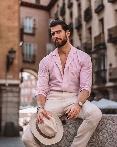 Pastel Mens Outfits, Pink Formal Outfit Men, Pink Shirt Outfit Men, Dracula Musical, Italy Spring Outfits, Pink Outfit Men, Maui Photoshoot, Pink Shirt Outfit, Italy Spring