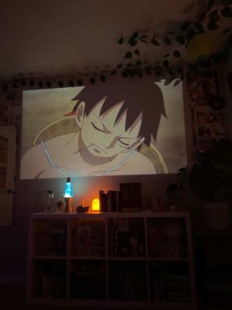 One Piece Room, Projector Ideas, Projector In Bedroom, Asian Room, Watching Anime, Fake Window, Room Decor Dark, One Piece Wallpaper Iphone, Cute Black Wallpaper