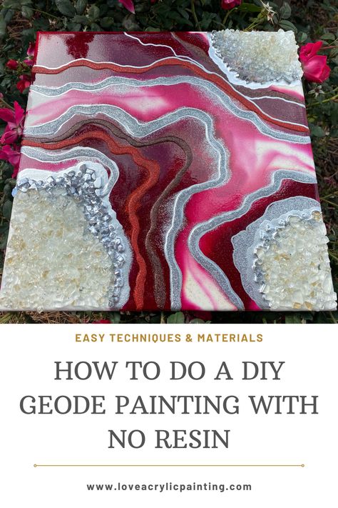 Pour Painting With Crystals, Geode Furniture Painted, Geode Acrylic Painting, Geode Pour Painting, Geode Paint Pour, Geode Painting Diy, Geode Painting Acrylic Canvas, Geode Acrylic Pour, Paint Nite Step By Step