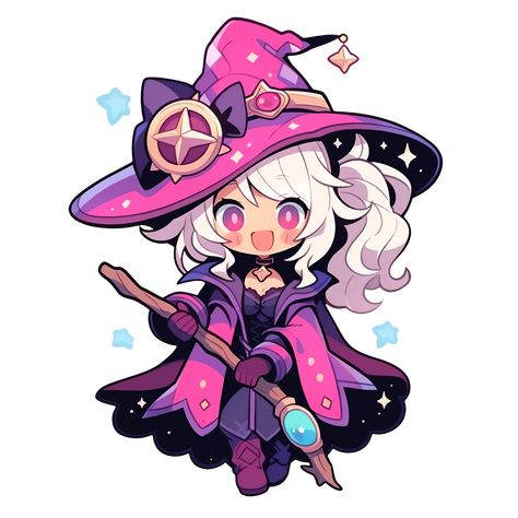 Pink and Purple Cute Kawaii Dark Magician Girl Witch Sticker. Cute Witch Drawing, Magician Oc, Cute Witch Illustration, Cute Witch Art, Magician Illustration, Chibi Accessories, Chibi Witch, Chibi Halloween, Magician Art