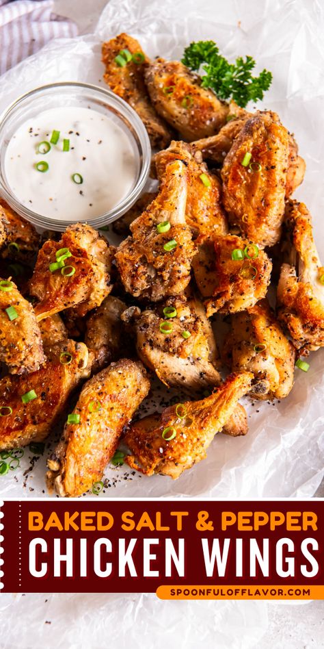 Baked Salt and Pepper Chicken Wings are incredibly crispy with a simple salt and pepper seasoning. They only require 15 minutes of prep before baking them in the oven! Salt Pepper Wings Oven Baked, Oven Baked Salt And Pepper Chicken Wings, Salt Pepper Chicken Wings, Quick And Easy Chicken Wings Oven Baked, Salt Vinegar Chicken Wings, Salt And Pepper Wings Oven, Keto Chicken Wings Oven Baked Crispy, Salt And Pepper Wings Recipe, Chicken Wings In The Oven Crispy