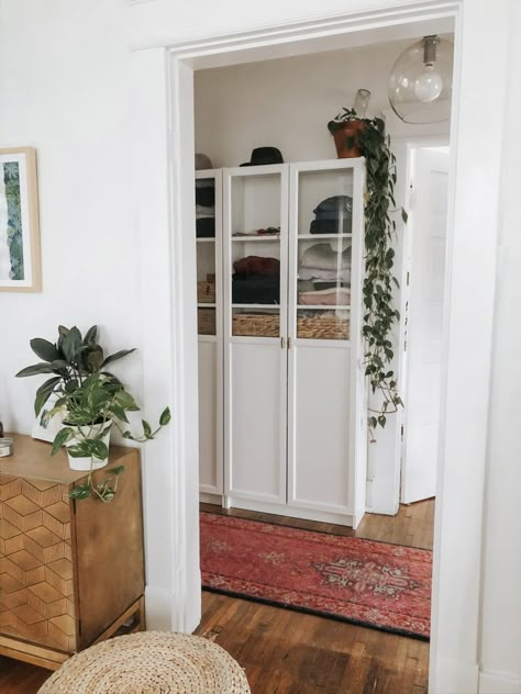 narrow hallway storage solution (ikea billy review) — Lucky Andi Ikea Narrow Hallway, Narrow Wall Storage Ideas, Hallway Storage Ikea, Narrow Hallway Storage, Decorating Hallways, Entrance Foyer Design, Billy Ikea, Foyer Ideas Entryway, Narrow Storage