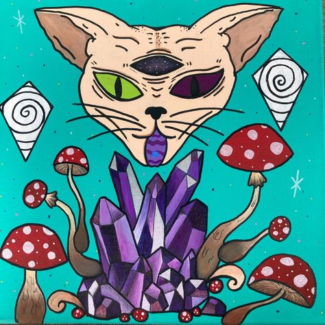 Trippy Cat Art, Cat Crystals, Cat Mushroom, Trippy Cat, Simple Canvas Paintings, Aesthetic Painting, Cat Painting, Cat Illustration, Canvas Paintings