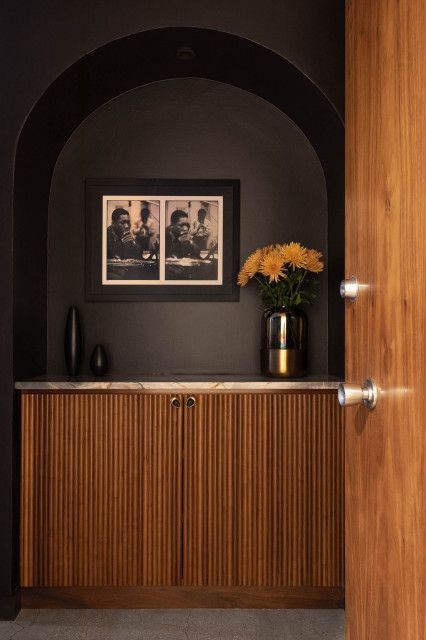 Sunset Strip Sanctuary - Contemporary - Entry - Other - by Studio Palomino | Houzz Dark Foyer, End Of Hallway, Walls Ideas, Metal Front Door, Concrete Retaining Walls, Modern Entry, Black Front Doors, Front Entryway, Wood Front Doors