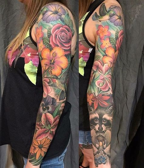 Colored Floral Sleeve Tattoo, Colorful Sleeve Tattoos, Mangas Tattoo, Taurus Tattoo, Tattoos For Women Half Sleeve, Upper Arm Tattoos, Floral Tattoo Sleeve, Flower Sleeve, Flower Tattoo Sleeve