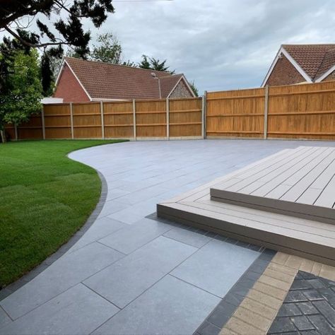 Light Grey Patio Paving, Grey Backyard Ideas, Light Grey Porcelain Patio, Light Grey Patio, Grey Porcelain Paving, Outdoor Patio Layout Ideas, Patio Paving Ideas On A Budget, Porcelain Pathway, Grey Patio Paving