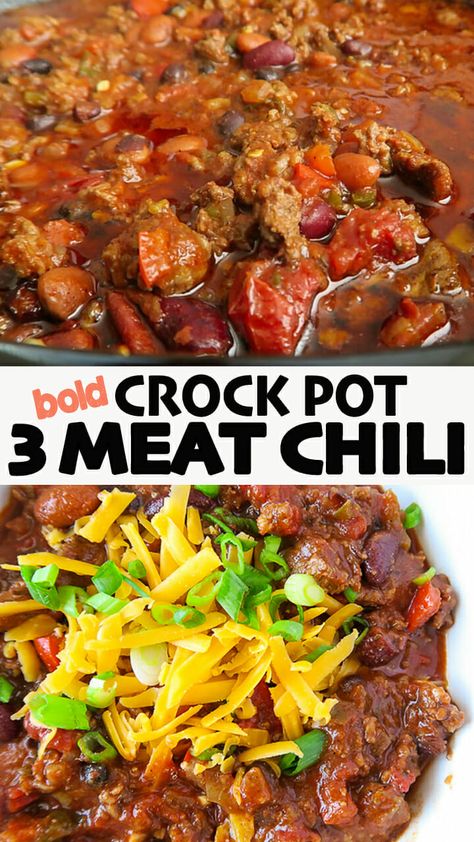 This Slow-Cooker Chili is PACKED with flavor! It has 3 types of meats, 3 types of beans, and a whole lot of spices and veggies! Perfect for feeding a crowd, can be used on so many dishes, and it freezes well for later use! Click for the full detailed recipe and video! #slowcooker #chili #crockpot #recipes #partyfood #beeffoodrecipes Chili Crockpot Recipes, 3 Bean Chili Recipe, 3 Bean Chili, Best Slow Cooker Chili, Chili Crockpot, Slow Cooker Chili Recipe, Meat Chili, Bean Chili Recipe, Best Chili Recipe