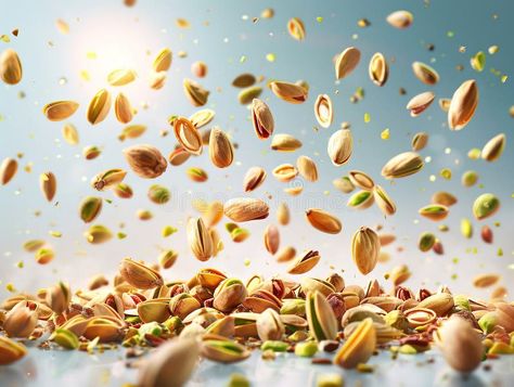 Photography of PISTACHIOS falling from the sky, hyperpop colour scheme. glossy, white background Pistachios chopped pile. Pistachios chopped pile is Pistachio Photography, Falling Skies, Pistachio Cream, Falling From The Sky, Recipe Images, Food Diet, Colour Scheme, Glossy White, Pistachio