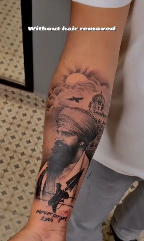 Sant Jarnail Singh Bhindrawale Tattoo, Sikh Tattoo Ideas Men, Sikh Warrior Tattoo Design, Hari Singh Nalwa Tattoo, Punjabi Tattoo Men, Punjab Tattoo Ideas, Sikh Tattoo Ideas, Sikhi Tattoo, Never Forget 1984