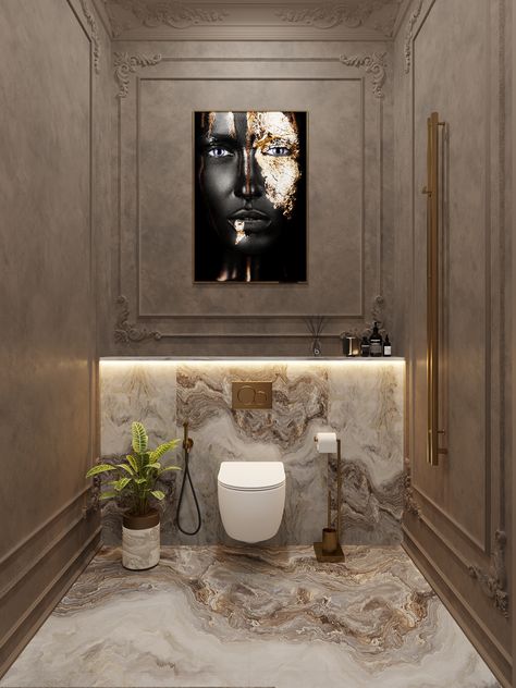 Luxury Commercial Bathroom, Luxury Bathroom Wallpaper, Yellow Walls Bathroom, Luxury Powder Rooms, High End Bathroom Design, Classic Bathroom Design Luxury, Classic Luxury Bathroom, Luxury Classic Bathroom, Powder Washroom