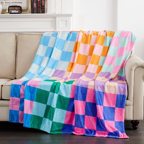 PRICES MAY VARY. [DECORATIVE THROW BLANKET ROOM ADDITIONS] -- This multicolored throw blanket with a geometric pattern for a colorful aesthetic room decor, give your space a colorful and fun touch with our cute throw blanket. From bold patterns and cheerfulness to radiating positive vibes, these geometric blankets will elevate your room decor aesthetic immediately! [SOFT SILKY FLANNEL THROW BLANKET] -- Experience the ultimate in coziness with our comfy throw blanket. Indulge in luxury with this Cute Bed Blankets, Bright Cabin Decor, Simple Colorful Room Decor, Colorful Throw Blankets, Preppy Fall Decor, Crochet Colorways, Groovy Apartment, Retro Aesthetic Bedroom, Throw Blanket On Bed