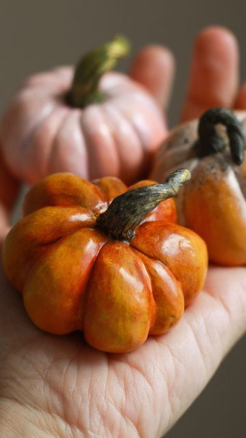 🌲Elena | fairytale forest art 🍂 on Instagram: "🍂 A quick tutorial where I show how to make pumpkins from polymer clay (fimo professional)😊   You can use foil inside the pumpkin if you want, but I don’t use it. I don't use it because it slows down my work at times and my skin on my fingers hurts after leveling the clay. You can use foil if you have no problems with it:)  After I sculpted the pumpkin, I bake it as it is written in the instructions. Then I paint it with acrylic paints (I use Amsterdam acrylic) and varnish it several times (fimo or cernit varnish) ☺️  Pumpkins are ready to decorate the autumn cozy corner✨🍂" Pumpkin Clay Art, Clay Autumn Decor, Pumpkin Clay Ideas, Clay Pumpkin Diy, Autumn Clay Ideas, Air Dry Clay Pumpkins, Clay Halloween Ideas, Ceramic Pumpkin Painting Ideas, Fondant Seashells