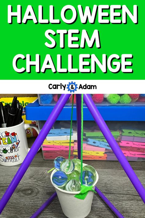 Looking for a fun fall or Halloween STEM challenge for your students? Challenge them to build a marble cauldron hanger using straws, string, tape, and a small cup. The goal of this Halloween STEM activity is to create a structure that holds as many marbles as possible without touching the ground. This hands-on STEM activity encourages problem-solving, teamwork, and creative thinking, making it perfect for elementary students during the Halloween season. Halloween Elementary Activities, Halloween Steam Activities, Steam Projects For Kids, Fall Stem Challenges, Halloween Stem Challenge, Fall Stem Activities, Halloween Stem Activities, Elementary Stem Activities, Fall Lesson Plans