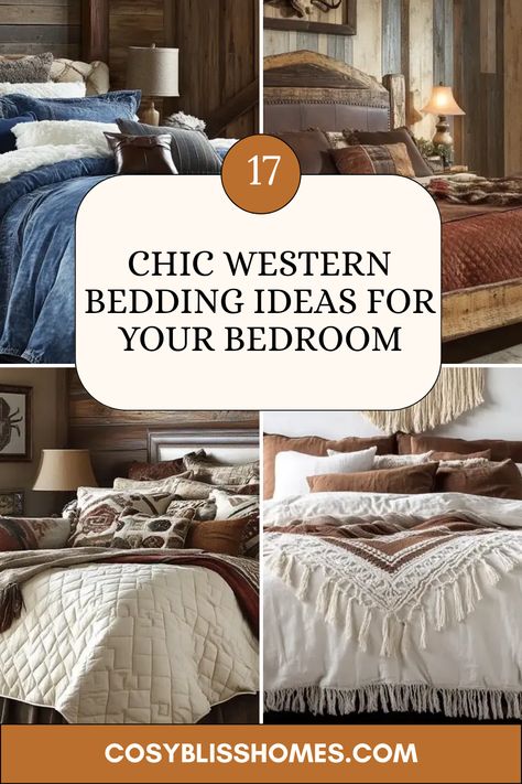 17 rustic bedding ideas that will transform your bedroom into a chic cowboy haven! Think denim bedding that adds cozy appeal, leather and wood bed frames for that authentic rugged look, and decorative concho embellishments to capture the spirit of the ranch. Don't forget the eye-catching fringe and tassels that boost style! These fun bedding inspirations are perfect for anyone dreaming of a stylish yet comfortable Western retreat. Bring the beauty of the ranch lifestyle into your home today! Guest Bedroom Western, Denim Bedding Bedrooms, Chic Western Bedroom, Denim Bedroom Ideas, Cowboy Chic Decor, Modern Western Bedroom Decor, Country Western Bedroom, Cozy Western Bedroom, Western Bedding Ideas