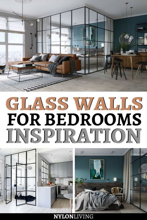 How about if we use steel windows to partition the space and create glass walls for bedrooms? Here are two examples of such daring design, one from Kiev and the other from Stockholm with a glass walls divider. Check out these ideas and get some inspiration for glass walls decor. #glasswalls #bedroomideas #bedroomdesign #bedroomdecor #bedroom Glass Wall Partition Design, Walls For Bedrooms, Glass Wall Divider, Crittall Doors, Glass Wall Design, Glass Panel Wall, Wooden Wardrobe Design, Glass Partition Wall, Bedroom Decoration Ideas