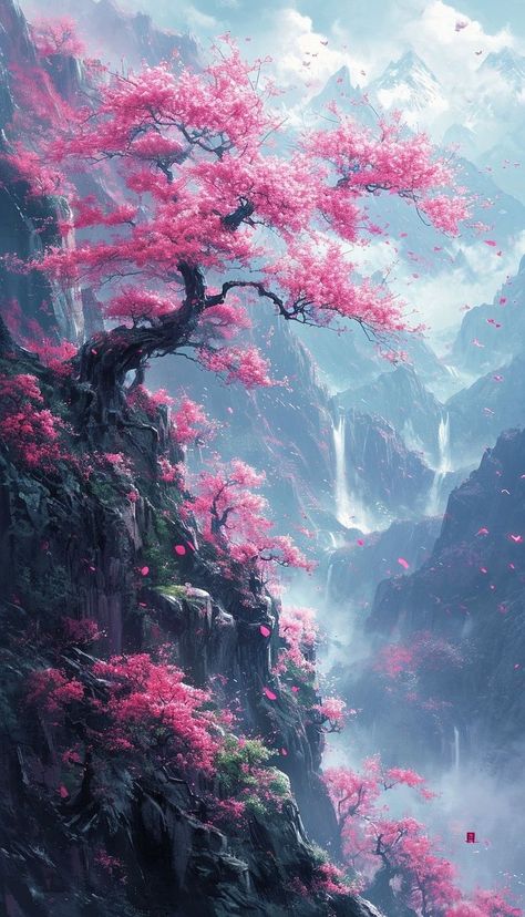 Sakura Tree Wallpaper Iphone, Sakura Blossoms Aesthetic, Anime Sakura Tree, Sakura Tree Aesthetic, Sakura Tree Wallpaper, Sakura Tree Painting, Sakura Tree Art, Mountain And Waterfall, Photo Japon