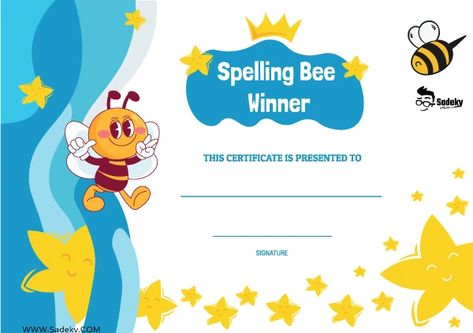 Spelling Bee Winner Certificate PDF | Free Printable Template | Sadeky Spelling Bee Decorations Free Printable, Spelling Bee Certificates Free Printable, Spelling Bee Ideas, Spelling Bee Certificate, Spell Bee Competition, Bee Certificate, Winner Certificate, Play School Activities, School Award Certificates