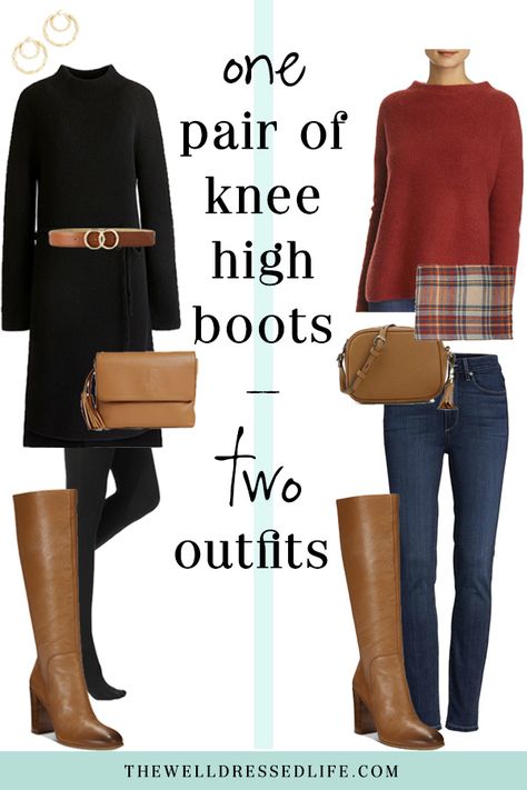 Weekend Outfit Inspiration: Cognac Knee High Boots - The Well Dressed Life Black And Cognac Outfit, Tan Calf Boots Outfit, Cognac Heels Outfit, Outfits With Cognac Boots, Brown High Boots Outfit, Tall Boots Outfit 2022, Brown Knee High Boots Outfit Winter, Tall Boots With Dress, Brown Tall Boots Outfit