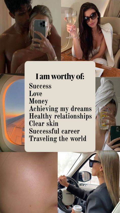 Clear skin, couple, traveling, successful woman Affirmation Wallpaper Iphone Aesthetic, Affirmation Collage, Affirmation Wallpaper Iphone, Positive Manifestation Wallpaper, Iphone Manifestation, Collage Lockscreen, Vision Wallpaper, Wallpaper Manifestation, Career Affirmations