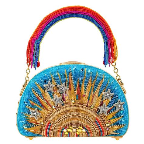 10 x 3 x 7" Strap Length End to End: 17.25" Strap Drop: 4.5" Non-removable... Mary Frances Bags, Mary Frances Handbags, Novelty Handbags, Rainbow Top, Blue Handbag, Rainbow Bag, Mary Frances, Top Handbags, Blue Handbags