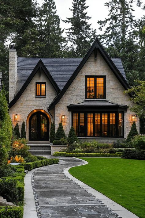 High Pitch Roof Houses Exterior, Brick Exterior Renovation, Contemporary Home Exterior Design, House Castle Design, Stone And Shingle House Exterior, Beautiful Homes Exterior Modern Luxury, Story Book Homes, Stone Cottage Homes Interiors, Charming Exterior Homes