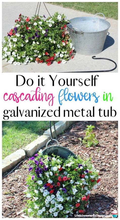 DIY Hanging Cascading Flowers in a Galvanized Metal Tub is a great addition to your garden. This is an easy garden project and a great way to bring a vintage metal bucket into your garden in style. Shepherds Hook In Planter, Hanging Bucket Planter, Galvanized Flower Planters, Diy Hanging Flowers, Metal Bucket Ideas, Cascading Garden, Easy Garden Ideas Landscaping, Country Yard, Gardening Containers