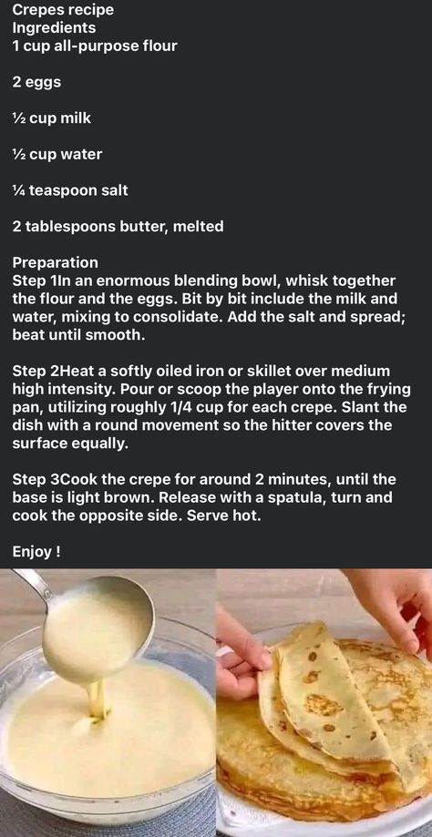 Sweet Crepes Recipe, Easy Crepe Recipe, Crepe Batter, Sweet Crepes, Homemade Cookbook, Quick Recipes Snacks, Easy Baking Recipes Desserts, Sweet Snacks Recipes, Delicious Snacks Recipes