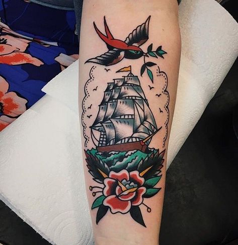 9 Stunning Ship Tattoo Ideas, Designs and Meaning | Styles At Life Tattoo Old School, American Traditional Ship Tattoo, Traditional Ship Tattoo, Tattoo Mistakes, Boat Tattoo, Sailor Tattoos, Sailor Tattoo, Sailor Jerry Tattoos, Tato Lengan