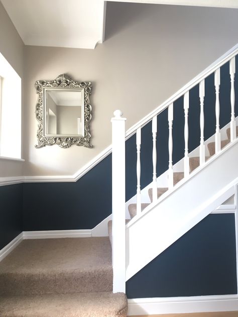 Living Room Ideas With Dado Rail, Painted Staircase Wall, Navy And Grey Hallway Ideas, Dark Blue And White Hallway, Navy And White Hallway, Living Room With Dado Rail Decorating Ideas, Modern Dado Rail Ideas Hallway, Navy Panelling Hallway, Two Tone Staircase Wall