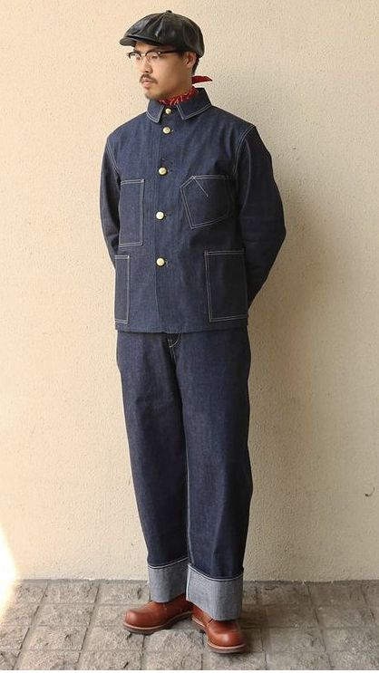 Japanese Construction Worker Outfit, Japanese Workwear Fashion Mens, Japanese Work Wear, Japanese Denim Outfit, Japanese Americana Fashion, Japanese Americana Fashion Men, Japanese Workwear Vintage, Japan Workwear, Japanese Menswear