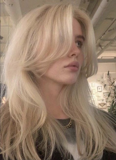 Platinum Hair Inspiration, Arctic Blonde Hair, Light Blonde Hairstyles, Light Blonde Hair Aesthetic, Blonde 70s Hair, Blonde Hair Pale Skin Blue Eyes, White Layered Hair, Platinum Blonde Haircut, Blonde Fluffy Hair